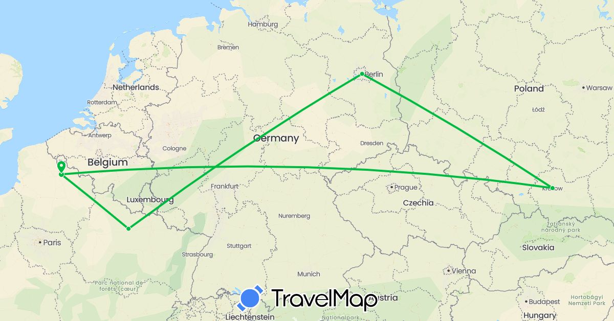TravelMap itinerary: driving, bus in Germany, France, Poland (Europe)